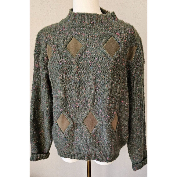 Vintage Needleworks 1990 Wool Mohair Sweater Green Cable Knit Suede Small Womens - Picture 1 of 7